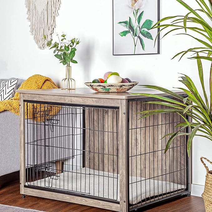 DWANTON Dog Crate Furniture with Cushion, Wooden Kennel Table with Double Doors, Indoor Dog House, Large Size, 38.5" L, Greige-PurrikoPets