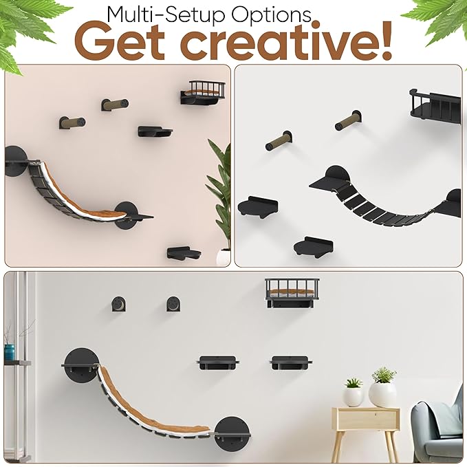 FURRY VIBES Cat Wall Shelves & Perches – 7-in-1 Cat Wall Furniture Set with Bed, Climbing Steps, Scratcher & Bridge Ladder – Black Bamboo Wall Cat Shelf for Indoor Cats-PurrikoPets