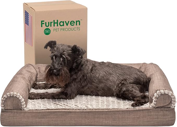 Furhaven Cooling Gel Dog Bed for Medium/Small Dogs w/ Removable Bolsters & Washable Cover, For Dogs Up to 35 lbs - Luxe Faux Fur & Performance Linen Sofa - Woodsmoke, Medium-PurrikoPets