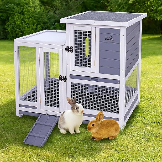 GEGURI Rabbit Hutch, Two-Story Indoor Bunny Cage, Outdoor Guinea Pig Cages for Small Animals with Wheels, Removable Tray-PurrikoPets