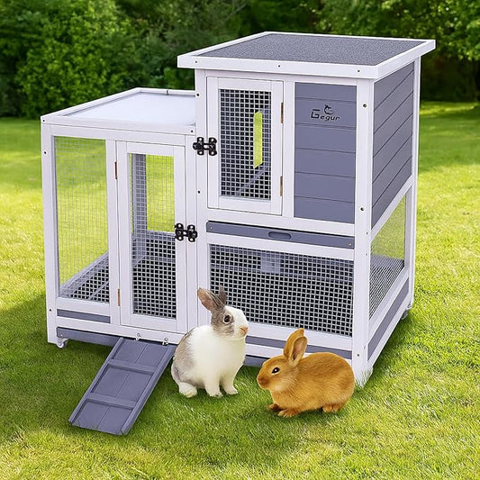 GEGURI Rabbit Hutch, Two-Story Indoor Bunny Cage, Outdoor Guinea Pig Cages for Small Animals with Wheels, Removable Tray-PurrikoPets