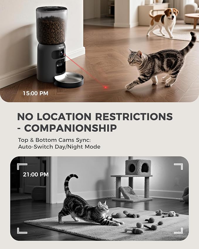 AI Cat Feeder with Dual Cameras (1 Adjustable), 2K HD Night Vision, 5G/2.4G WiFi, 6L Automatic Pet Feeder with APP Control, Laser Interactive Toy, Two-Way Audio & Scheduled Feeding-PurrikoPets
