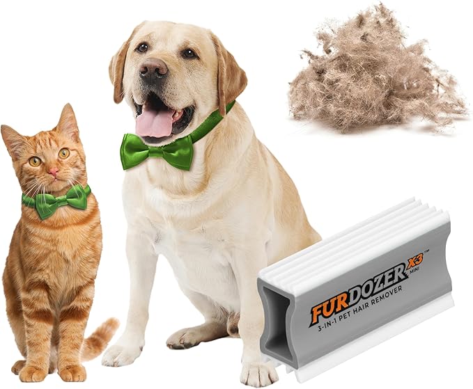 FurDozer X3 MINI Pet Hair Remover & Auto Detailing Tool - Cat & Dog Hair Remover for Carpet, Car Interior, Couch, Bedding, & Furniture - Reusable Pet Hair Removal Tool for Dog Fur & Lint, 3.5", Grey-PurrikoPets