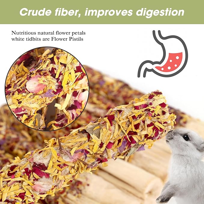 Abizoo Natural Rabbit Chew Toys,10 Sticks Sweet Bamboo Sticks for Rabbits with Petals,Bunny Chew Toys for Guinea Pig,Chinchilla,Hamster Treats Pet Wood Chews Snack Healthy Small Animals Toys for Teeth-PurrikoPets