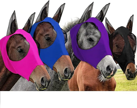 Frienda 4 Pcs Horse Fly Masks with Ears Head Fly Masks for Horses Smooth Elastic UV Protection Cover from Summer Insect Pests(Large,Purple, Blue, Pink, Black)-PurrikoPets