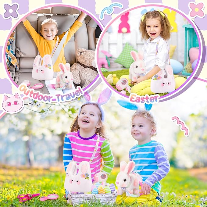 Easter Bunny Toys for Kids with Crossbody Bags, Easter Basket Stuffers Interactive Hopping Wiggle Ears Rabbit Toy, Pretend Play Robot Pet Care Cute Stuff for Girls Trip Plushies Birthday Gifts-PurrikoPets