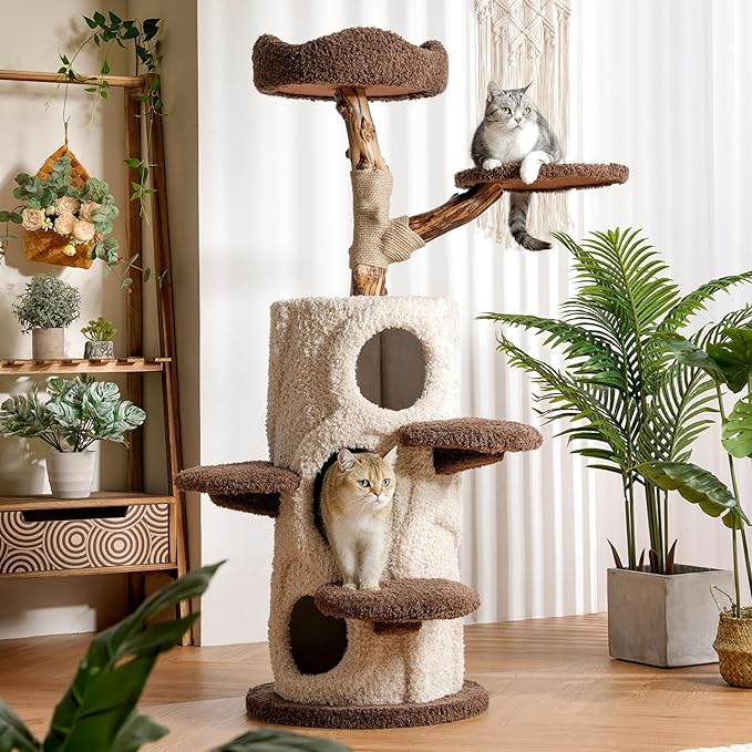 54.7'' Modern Cat Tree for Indoor Cats Large Adult, Wood Cat Tree with 3 Spacious Condos, Luxury Cat Tower with Cozy Perch, Scratching Post, Sturdy Kitty House Furniture for Small Medium Large Cats-PurrikoPets