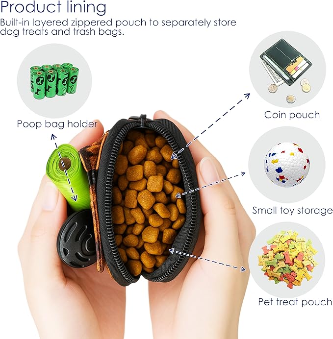Dog Treat Pouch for Pet Walking and Training with Clicker Poop Bags and Double Bag Design Small Fanny Zipper Pack Holder for Puppy Snack Dispenser Kit for Leash and Outdoor Use Leopard Print-PurrikoPets