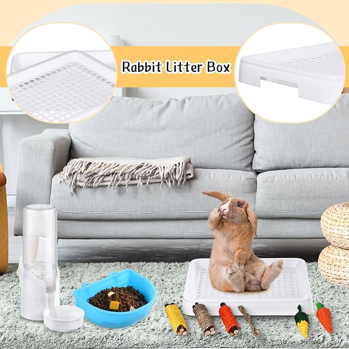 19 Pcs Rabbit Starter Kit Small Bunny Litter Box Animal Grooming Kit Water Bottle Bunny Toys Hay Feeder Bowl Blankets with Cleaning Set for Guinea Pig Rabbit Accessories (White)-PurrikoPets