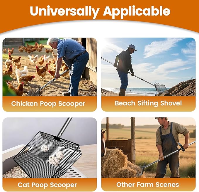 15 inch Extra Large Chicken Poop Scooper with Ergonomic Grip,5-in-1 Heavy Duty Adjustable Coop Scoop for Poop (24 to 68"), Stainless Steel Sifting Litter Shovel Scoop for Chicken Coop-PurrikoPets