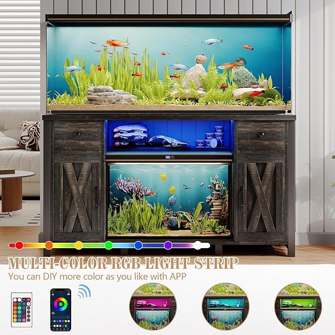 75 Gallon Fish Tank Stand with LED Light & Power Outlets, 55-75 Gallon Heavy Duty Metal Aquarium Stand with Drawers & Barn Doors, Cabinet for 2 Fish Tank Accessories Storage, Dark Oak-PurrikoPets