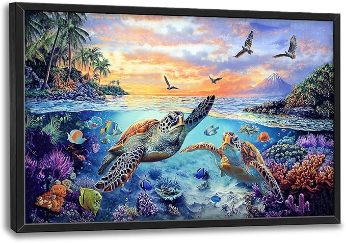 Framed Large Sea Turtle Wall Art for Living Room, Oversized Ocean Turtle Wall Decor Seascape Underwater Marine Life Canvas Painting Home Decoration for Living Room Bedroom Office 36"x24"-PurrikoPets