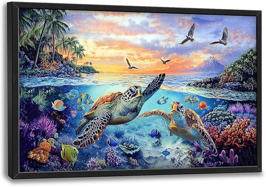 Framed Large Sea Turtle Wall Art for Living Room, Oversized Ocean Turtle Wall Decor Seascape Underwater Marine Life Canvas Painting Home Decoration for Living Room Bedroom Office 36"x24"-PurrikoPets