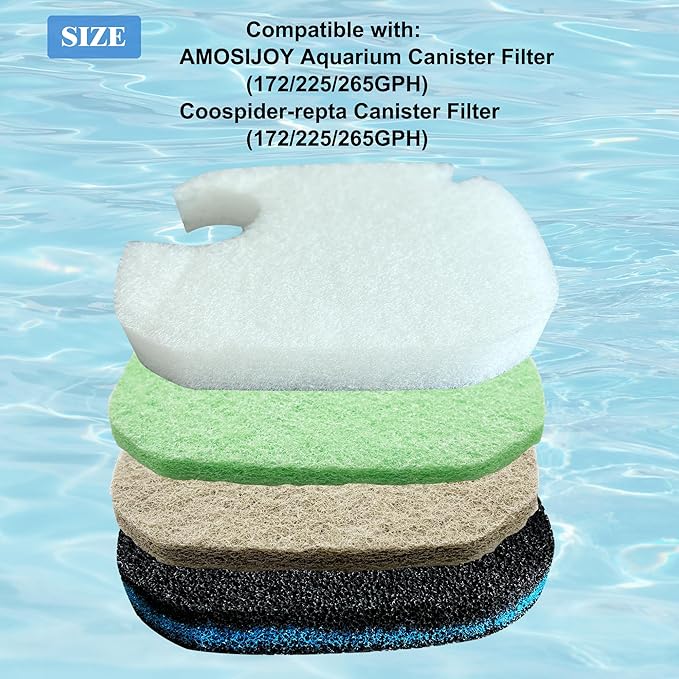 8 Pack Upgraded Filter Pads for AMOSIJOY Aquarium Canister Filter; White Floss, Removing Ammonia and Phosphate, and Activated Carbon Sponge Bio Pads, Compatible with PONDFORSE 172/225/265GPH Canister-PurrikoPets