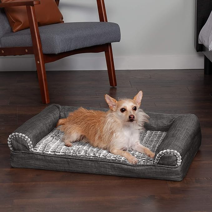 Furhaven Orthopedic Dog Bed for Medium/Small Dogs w/ Removable Bolsters & Washable Cover, For Dogs Up to 35 lbs - Luxe Faux Fur & Performance Linen Sofa - Charcoal, Medium-PurrikoPets