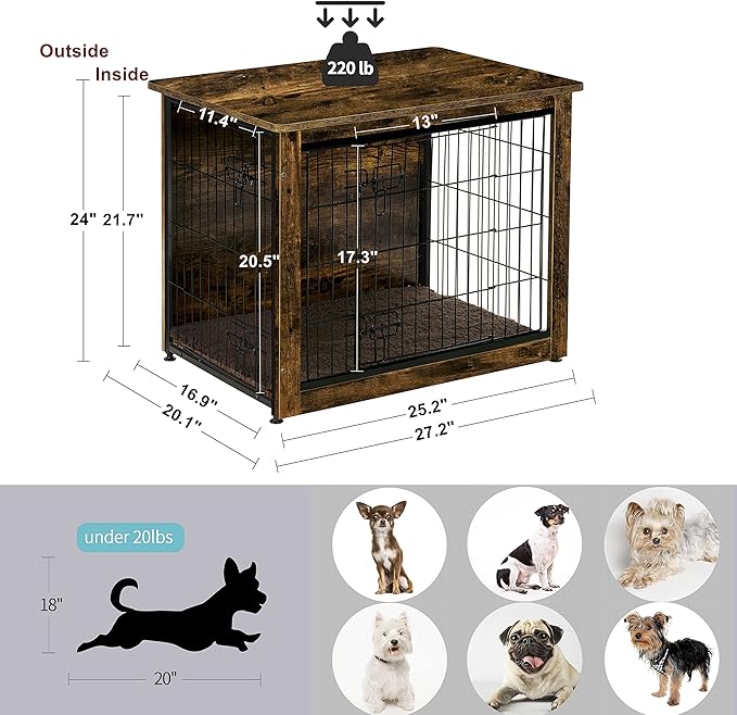 DWANTON Dog Crate Furniture with Cushion, Wooden Kennel Table with Double Doors, Indoor Dog House, Small/Medium/Large/Extra Large Size, 27.2" L, Rustic Brown-PurrikoPets