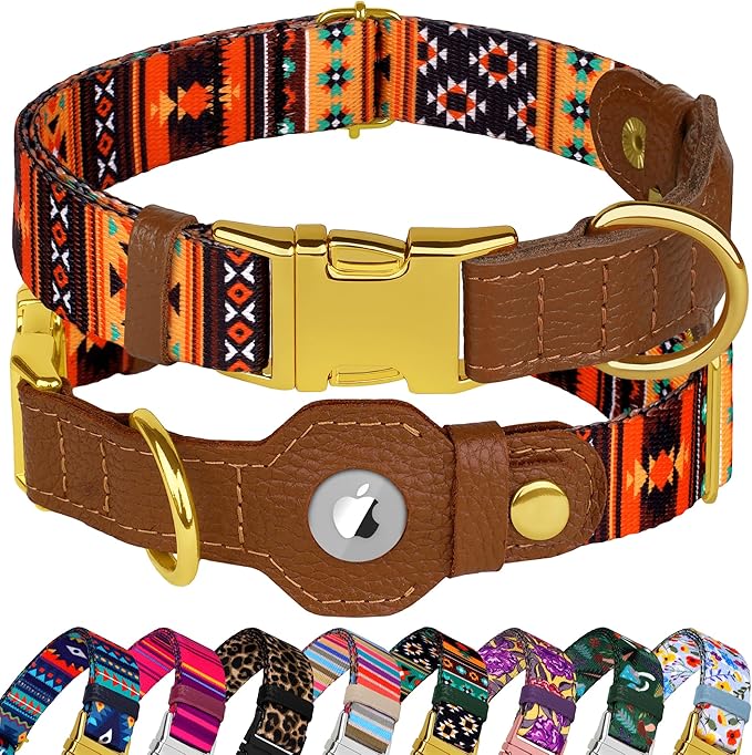 AirTag Dog Collar for Small Medium Large Breed - Adjustable Cute Pattern Dog Collar with Airtag Holder - Soft Leather Tracker GPS Apple Air Tag Pet Collars (Small, 12"-15" Neck Fit, Western)-PurrikoPets