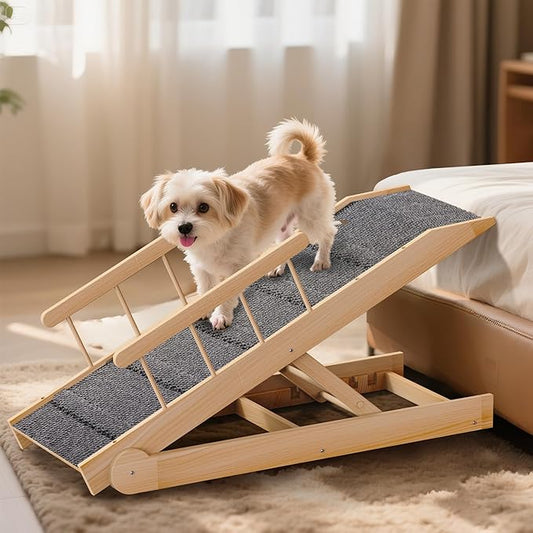 Dog Ramp for Bed, 47" Long Non-Slip Portable Pet Ramp for Small Large Dogs, Wooden Adjustable Dog Ramps for Bed, Couch, Car -Non Slip Carpet Surface and Foot Pads, Height from 12" to 24", Up to 200LBS-PurrikoPets
