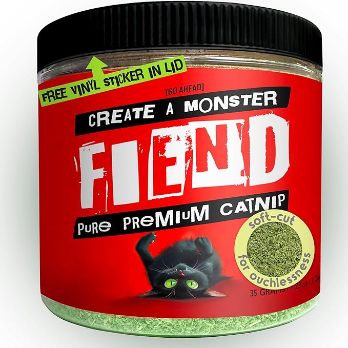 Fiend Catnip Safety-Cut 100% Pure Potent Fine Cat Nip for Cats & Kittens – Ultra Potent, North American – 1 Cup (34.5g) Canister – Go Ahead, Create a Monster!-PurrikoPets
