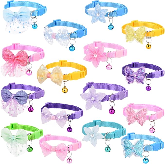 16 PCS Cute Cat Collars Breakaway with Bell for Boy Cats and Girl Cats Gifts (#2-Multicolor Lace)-PurrikoPets