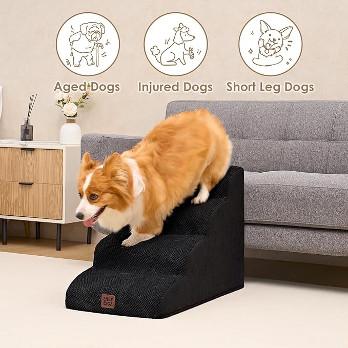 EHEYCIGA Curved Dog Stairs Ramp for High Beds 19.7" H, 4-Step Dog Steps for Small Dogs and Cats, Pet Stairs for High Bed Climbing, Non-Slip Balanced Pet Step Indoor, Black-PurrikoPets