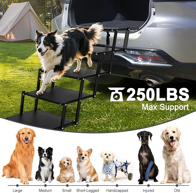 Extra Wide 5 Steps Dog Stairs for Large Dogs, Foldable Dog Ramp for Car with Non-Slip Surface, Lightweight Dog Stairs for Cars, Dog Steps for Cars, SUV, High Beds, Truck, Supports up to 250 lbs-PurrikoPets