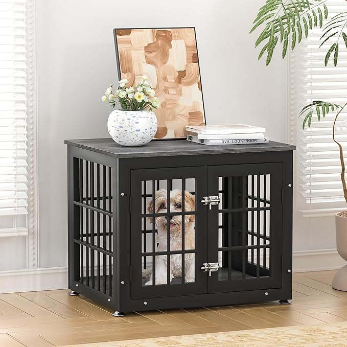 26 Inch Heavy Duty Dog Crate Furniture for Small Dogs, Decorative Pet House End Table, Wooden Cage Kennel Furniture Indoor, Gray-PurrikoPets