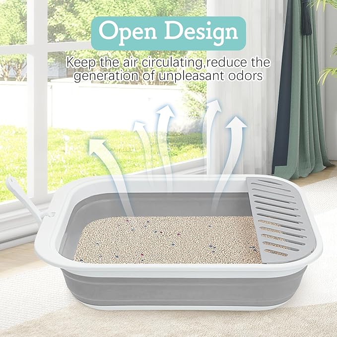 Fhiny Cat Litter Box Portable Shallow Litter Box 17.7"x13.4"x4.9" Foldable Cat Toilet with Scoop Open Kitty Potty Pan with Litter Drop Pedal Easy to Clean Travel Kitten Toilet(Gray)-PurrikoPets