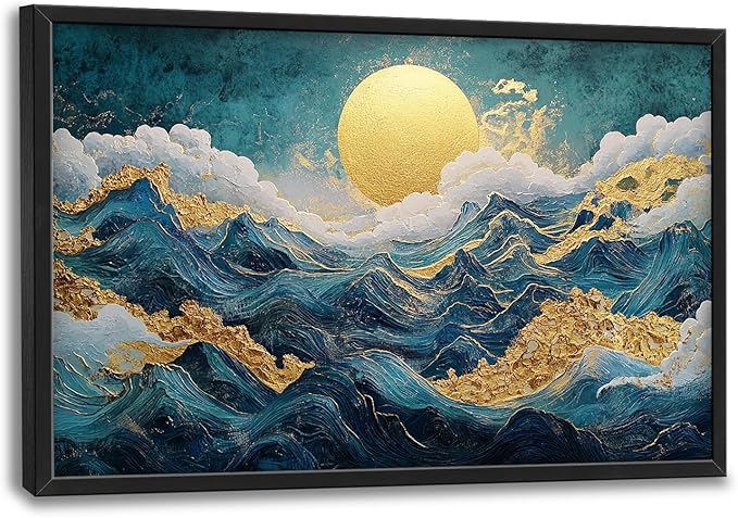 Framed Large Sun Mountain Wall Art, Oversized Teal and Golden Sun Wall Decor for Living Room, Abstract Landscape Canvas Painting Modern Artwork Home Decoration for Living Room Bedroom 36"x24"-PurrikoPets