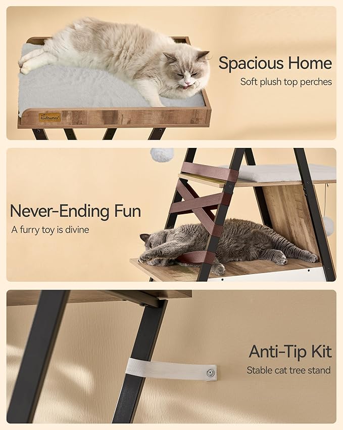 FourFurPets 72.4" Cat Tree, Modern Cat Tower for Indoor Cats, Multi-Level Cat Condo with Caves, Tall Cat Tree with Cat Scratching Board, Wooden Cat Tower with Large Perch, Removable Pads, Camel Brown-PurrikoPets