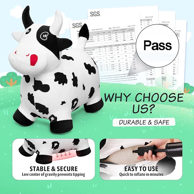 EVERICH TOY Bouncy Horse Cow Toys, Inflatable Bouncing Animal Hopping Toys, Outdoor Indoor Ride on Bouncer, Boys Girls Birthday Gift for 18 Month 2 3 4 5 6 Year Old Kid- Plush Cow Toy-PurrikoPets