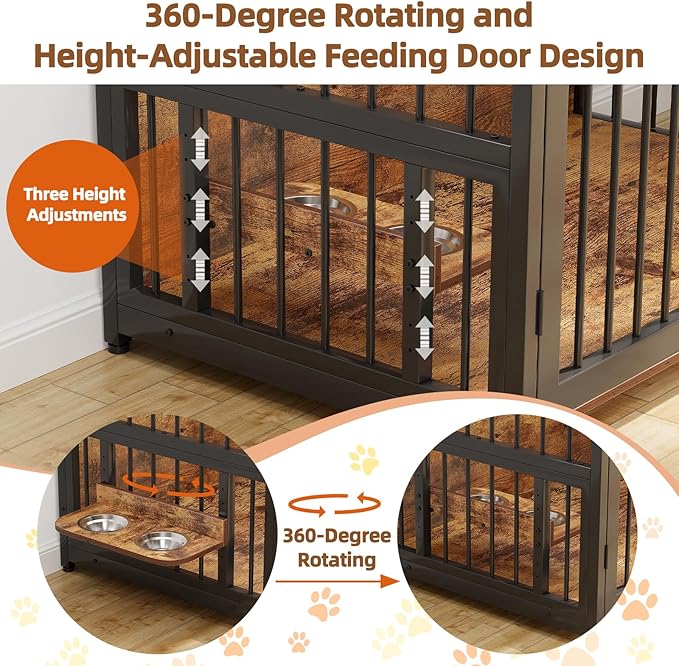 Furniture Style Dog Crate with Storage, 48 Inch Dog Crate Furniture with Double Doors, 2 Stainless Steel Bowls, Dog Crate Furniture-Style Crate for Large/Medium Dog-PurrikoPets