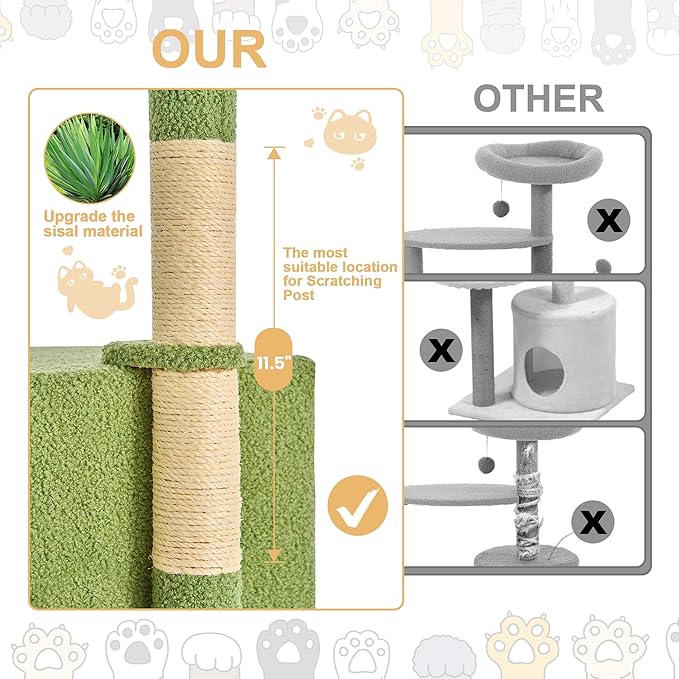 24 Inch Cat Tree Condo for Indoor Cats with Floral Sisal Scratching Post, Plush Hang Ball Play Furniture for Kittens Cats, Yellow-PurrikoPets