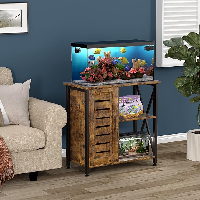 20-29 Gallon Fish Tank Stand, Aquarium Stand with Cabinet Accessories Storage, Heavy Duty Metal Frame, 31.49" L*15.74" W Tabletop, 330LBS Capacity, Rustic Brown PG07YGN-PurrikoPets