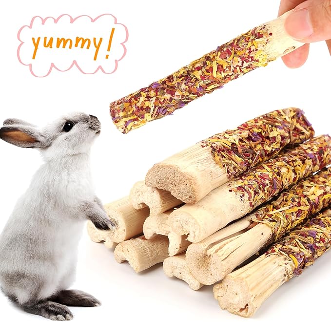 Abizoo Natural Rabbit Chew Toys,10 Sticks Sweet Bamboo Sticks for Rabbits with Petals,Bunny Chew Toys for Guinea Pig,Chinchilla,Hamster Treats Pet Wood Chews Snack Healthy Small Animals Toys for Teeth-PurrikoPets
