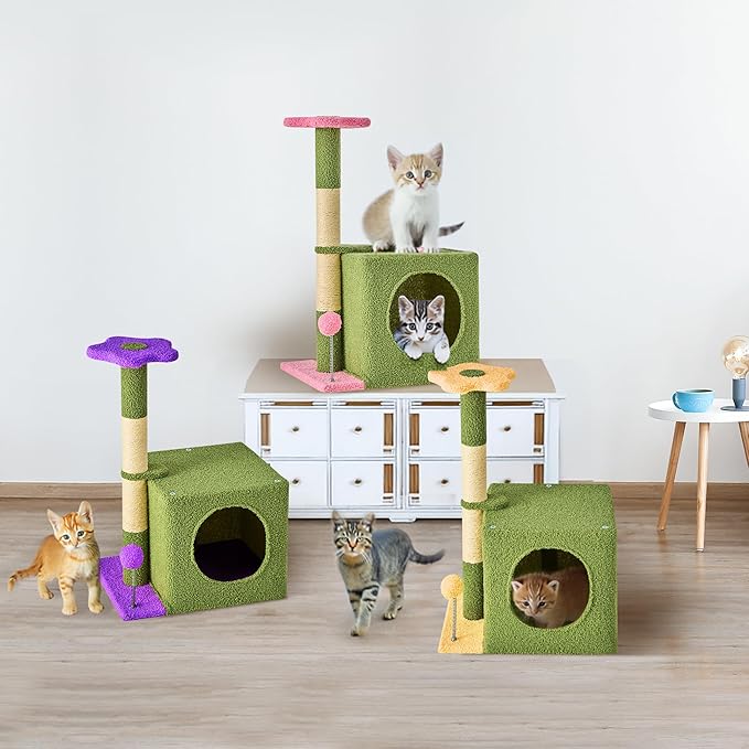 24 Inch Cat Tree Condo for Indoor Cats with Floral Sisal Scratching Post, Plush Hang Ball Play Furniture for Kittens Cats, Yellow-PurrikoPets
