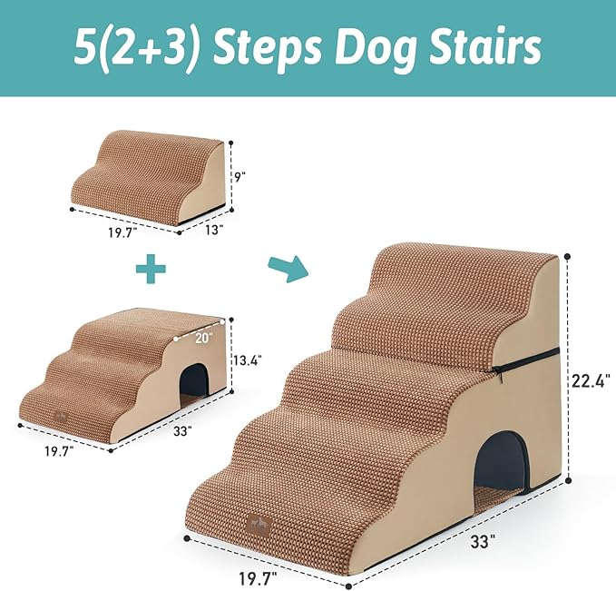Extra Wide Dog Stairs with Tunnel, Detachable Large Pet Step for Small Medium Dog, Puppy or Cat, Ramp for High Bed, Couch, Sofa or Car, Stable, 19.7x33x22.4 inch, 5 Step, Light Brown-PurrikoPets