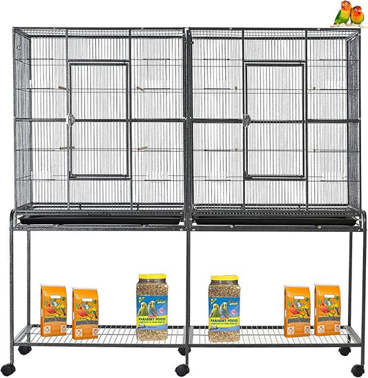 64" Extra Large Double Flight Bird Wrought Iron Double Cage Slide Out Center Divider Side Nesting Box Door Parrot Cage Cockatiel Conure with Removable Rolling Stand Storage Shelf-PurrikoPets