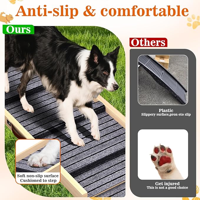 Dog Ramp for Car, 71''x 17'' Extra Long Deluxe Telescoping Design Wooden Pet Ramp, Pet Stair Ramps for Truck SUV with Non-Slip Surface, Portable Outdoor Dog Steps for Medium Large Dogs, Up to 250LBS-PurrikoPets