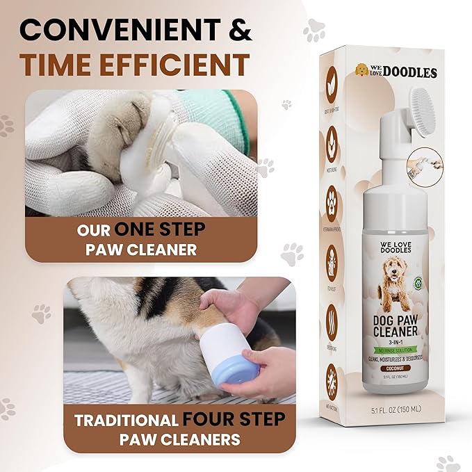 Dog Paw Cleaner (Over 100+ Feet Cleanings) No-Rinse Dog Foot Washer, Gentle and Safe Paw Cleaner for Dogs and Cats, Foam Formula, Moisturizes and Deodorizes, 150mL (Coconut) [We Love Doodles]-PurrikoPets