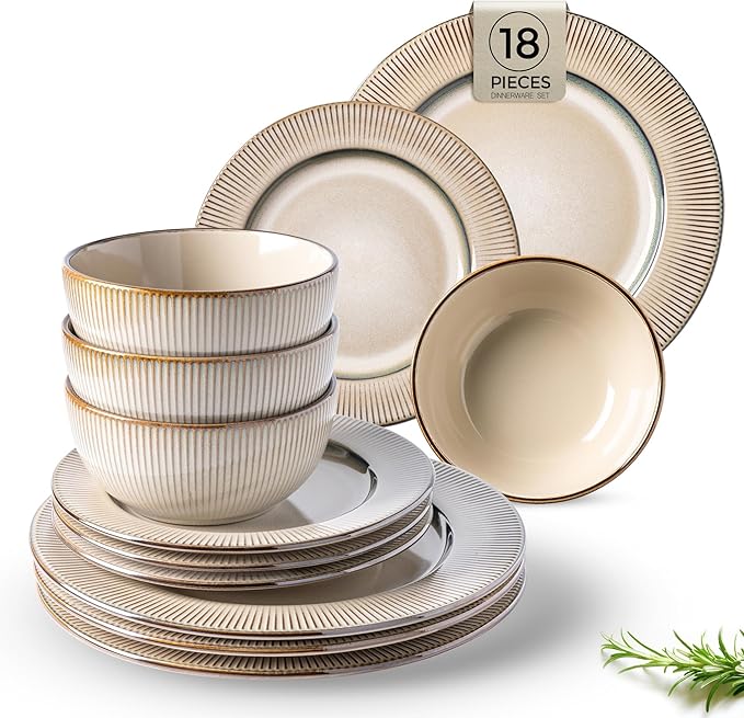 GBHOME Ceramic Dinnerware Sets, 18 Piece Embossed Elegant Stoneware Plates and Bowls Sets, Housewarming Wedding Gift | Dishwasher & Microwave Safe | Dishes Set Service for 8-PurrikoPets