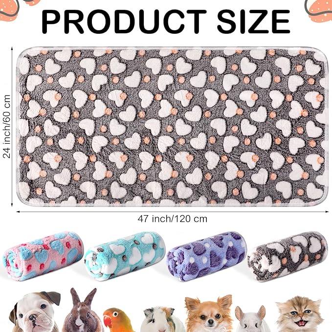4 Pcs Waterproof Guinea Pig Blankets Washable Small Animal Fleece Bedding Absorbent Guinea Pig Cage Liners Reusable Pet Pee Pad Sleep Mat Pad Cover for Hamster Ferret (Heart Pattern,24 x 47 Inch)-PurrikoPets