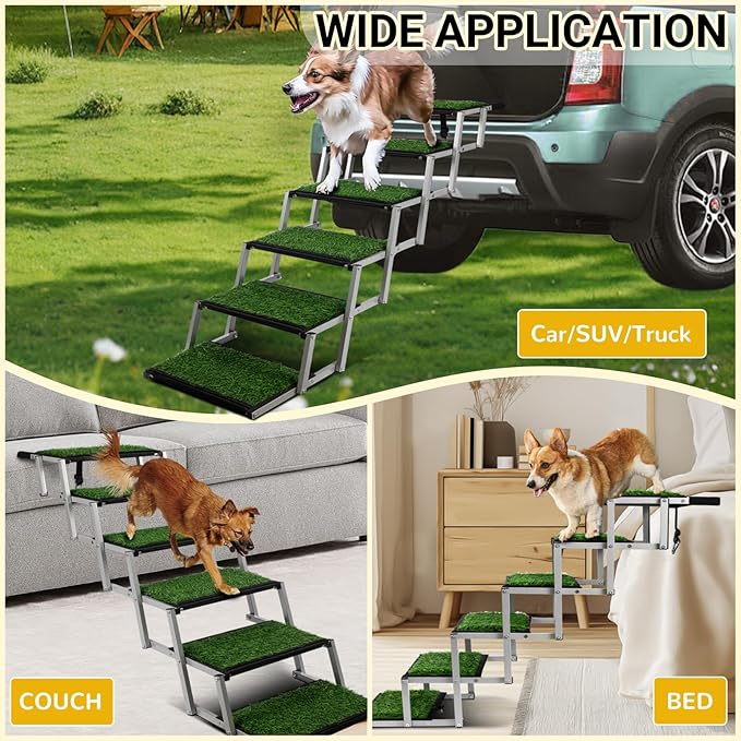 Extra Wide Dog Stairs for Car, Portable Folding Dog Ramps,Doggy Steps for Large Dogs with Non-Slip Grass Rug for Cars, SUV, Trucks, Lightweight Pet Ramp Supports Up to 200 lb, 6 Steps-PurrikoPets
