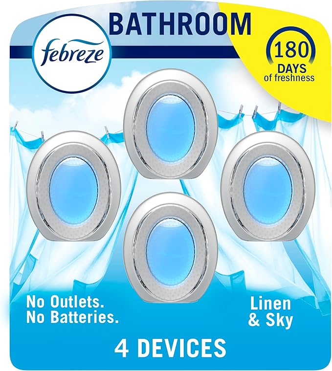 Febreze Bathroom Air Freshener, Odor-Fighting, Plug In Alternative, Air Fresheners for Home and Bathroom and Kitchen, Closet Air Fresheners, Linen & Sky Scent, 4 Count-PurrikoPets