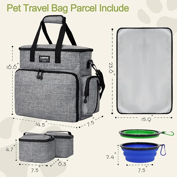Dog Travel Bag,Weekend Pet Travel Bag Set for Dog and Cat,Airline Approved Tote Multi-Function Dog Bags for Traveling,Include 2 Collapsible Bowls,2 Food Storage Containers,1 Feeding Mat,Gray-PurrikoPets