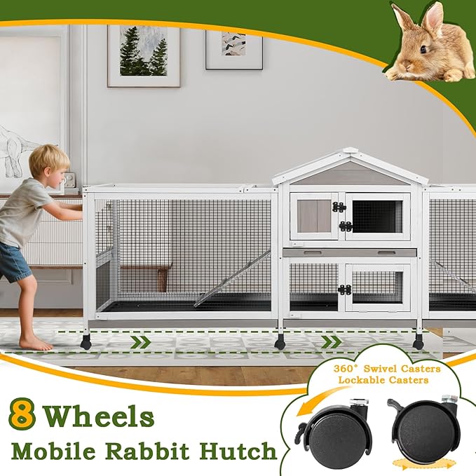 Double Rabbit Hutch Outdoor Indoor Large Bunny Cage with Dual Side Runs, 2-Story Wooden Hutch with 4 Leak Proof Trays, 8 Wheels, Waterproof Roof, Ramp, for Small to Medium Animals-PurrikoPets