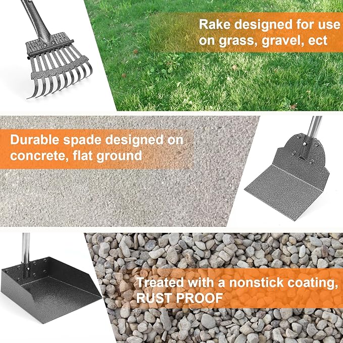 Dog Pooper Scooper, Adjustable Handle Poop Scooper with Tray,Rake and Spade Set of 3, Steel Stainless Poop Scoop for Medium Large Dogs and Pet Waste on Grass, Dirt and Gravel (Large Size)-PurrikoPets
