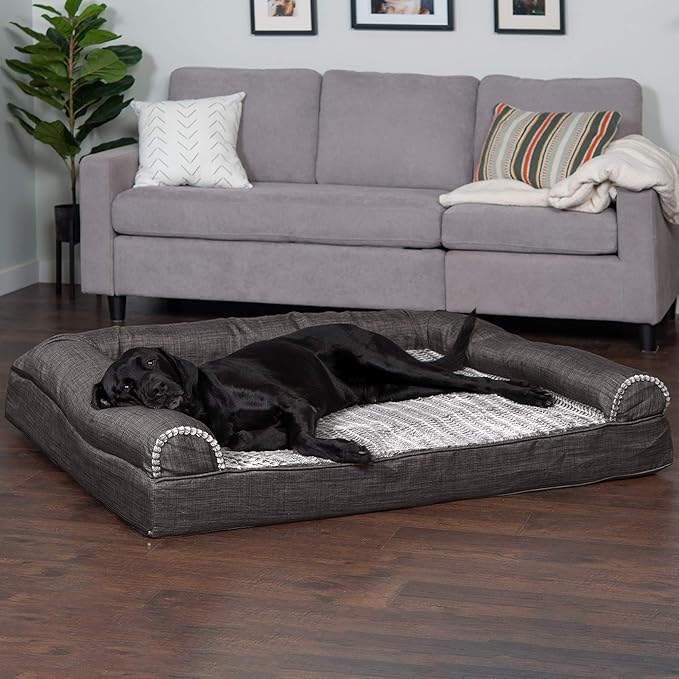 Furhaven Orthopedic Dog Bed for Large Dogs w/ Removable Bolsters & Washable Cover, For Dogs Up to 125 lbs - Luxe Faux Fur & Performance Linen Sofa - Charcoal, Jumbo Plus/XXL-PurrikoPets