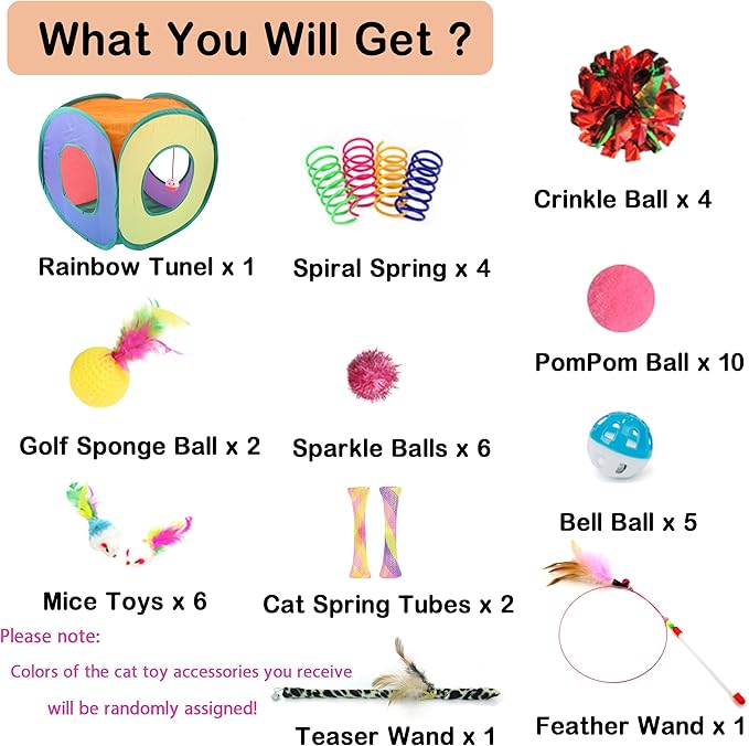 42pcs Interactive Cat Toys Kit - Multi-Activity Kitten Toy Set with Collapsible Tunnel, Feather Wand & Bell, Cat Balls Toys - Indoor Play Enrichment Supplies for Adult Cats & Kittens-PurrikoPets
