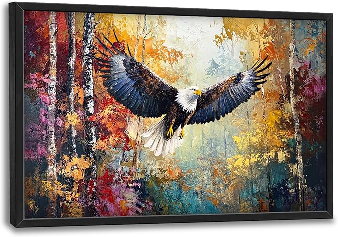Extra Large Framed Bald Eagle Wall Art,Abstract Colorful Forest Wall Decor,Autumn Fall Forest Pictures for Living Room,Canvas Print Painting Modern Artwork Bedroom Office Home Decor 36L x 24W-PurrikoPets